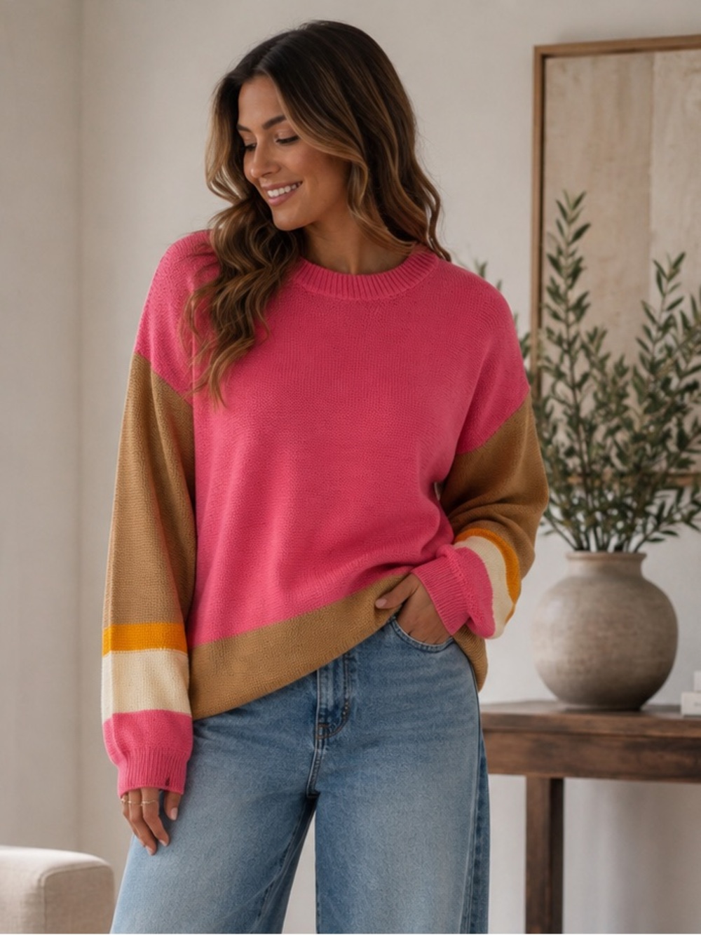 ShopEvelynne Pink and Tan Colorblock Crewneck Sweater